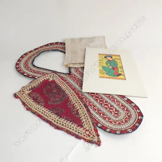 Embroidered tribal shirt front, Afghan marriage cuffs, Persian cap panel, Persian man gouache.